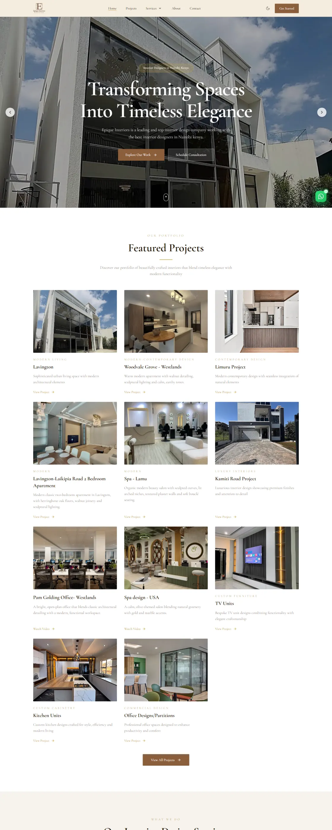 Epique Interiors homepage on desktop, showing the hero, featured projects and services