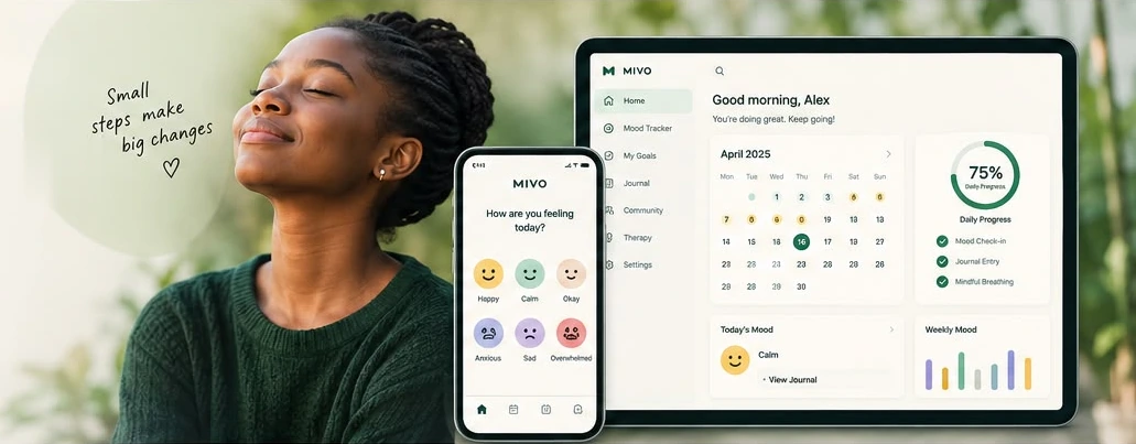A smiling woman with her eyes closed in the sun, beside the Mivo Wellness app on a phone and a tablet